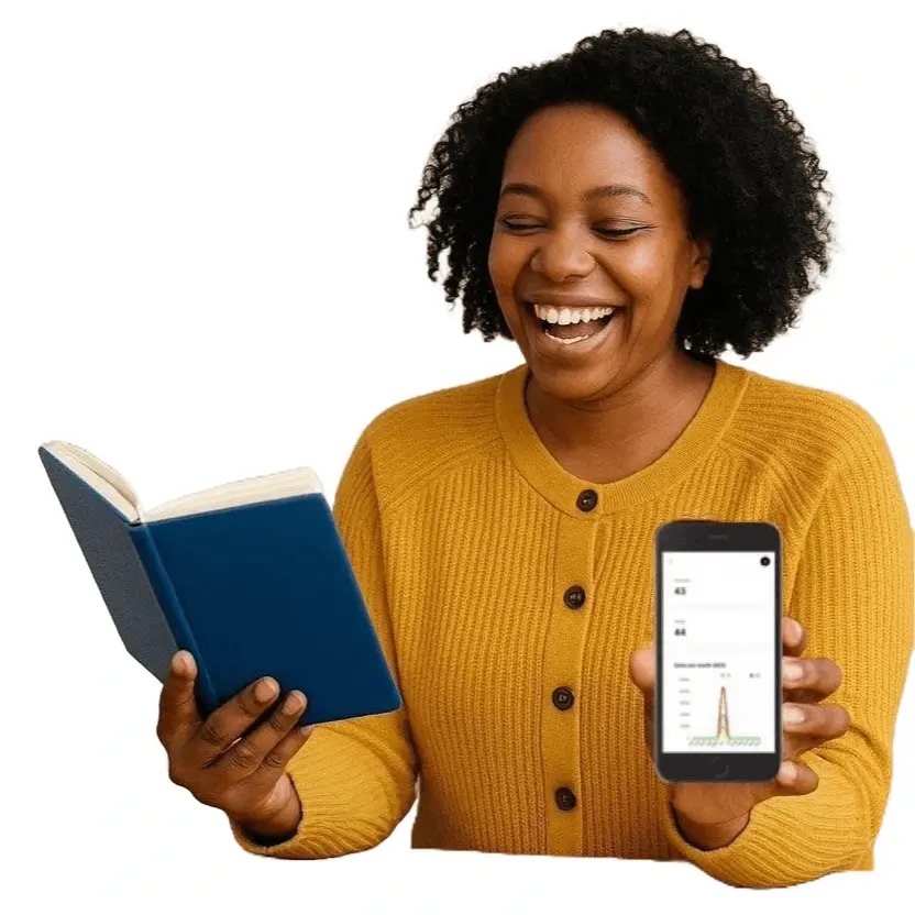 Smiling woman in a mustard sweater holding an open book in one hand and a smartphone displaying her RekodUpesi dashboard in the other.